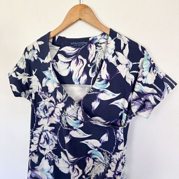 Soft Surroundings Shapely Anywhere Faux Wrap Dress Blue Floral Ruching - Picture 5 of 9